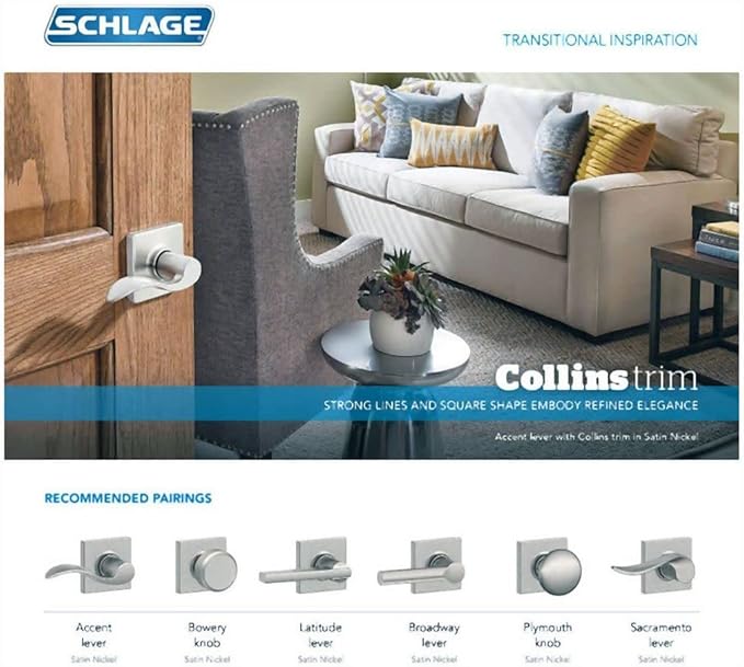 SCHLAGE F51A LAT 625 COL Latitude Lever with Collins Trim Keyed Entry Lock, Bright Chrome