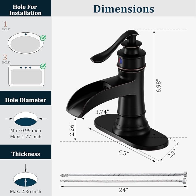 Oil Rubbed Bronze Waterfall Bathroom Faucet, Single Handle Bathroom Sink Faucet 1 Hole or 3 Hole, Vanity Sink Faucet for Vintage Antique Lavatory Washroom with Pop Up Drain, Deck, 2 Hoses