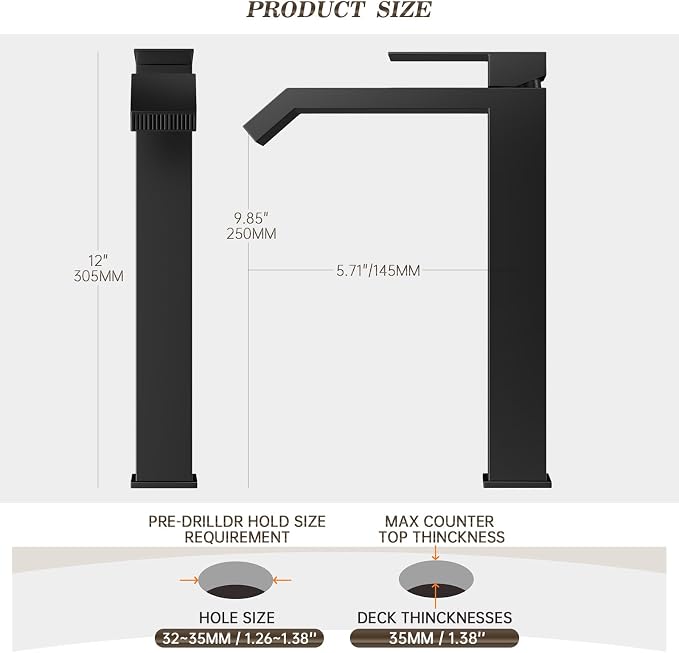 Single Handle Tall Bathroom Vessel Sink Faucet,Matte Black Square Single Hole Waterfall Above Counter Sink Faucet with Metal Pop Up Drain Without Overflow and Water Supply Line,FH05-MB-V