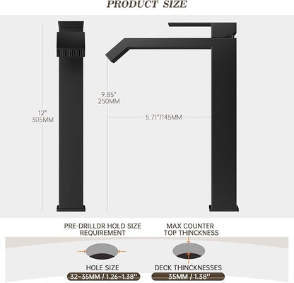 Single Handle Tall Bathroom Vessel Sink Faucet,Matte Black Square Single Hole Waterfall Above Counter Sink Faucet with Metal Pop Up Drain Without Overflow and Water Supply Line,FH05-MB-V