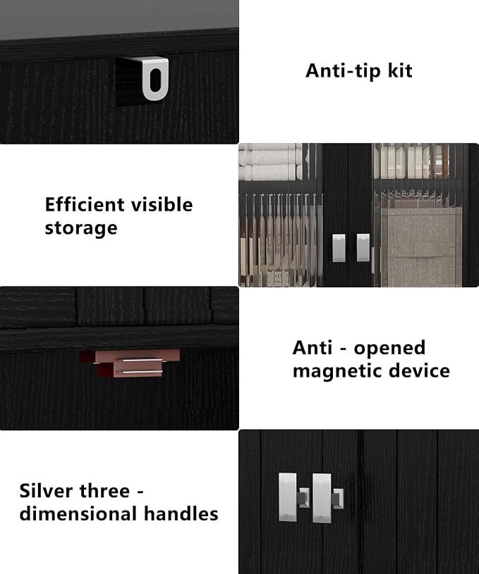 Akxomel 53.1" Tall Bathroom Cabinet 6 Doors Linen Floor Storage Cabinet | Bathroom Floor Cabinet with Adjustable Shelf, Pantry Cabinet for Living Room, Kitchen, Entryway, Black
