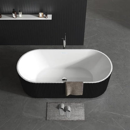67" Freestanding Bathtub, Acrylic Soaking Tub with V Shape Pleated Design, Chrome Drain & Classic Slotted Overflow, CUPC Certified, Black and White for Modern Bathroom