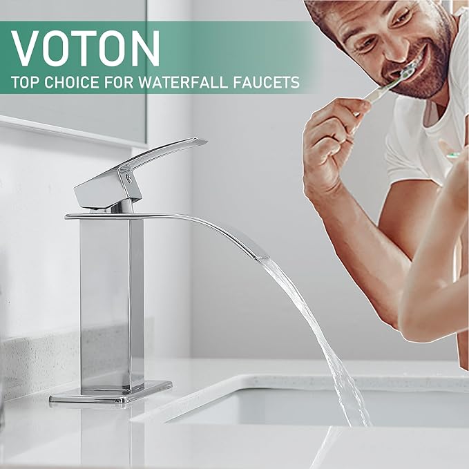 Viton waterfall faucet with a person brushing their teeth, featuring the brand name.