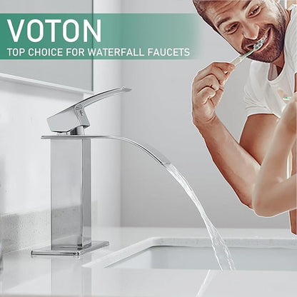 Viton waterfall faucet with a person brushing their teeth, featuring the brand name.