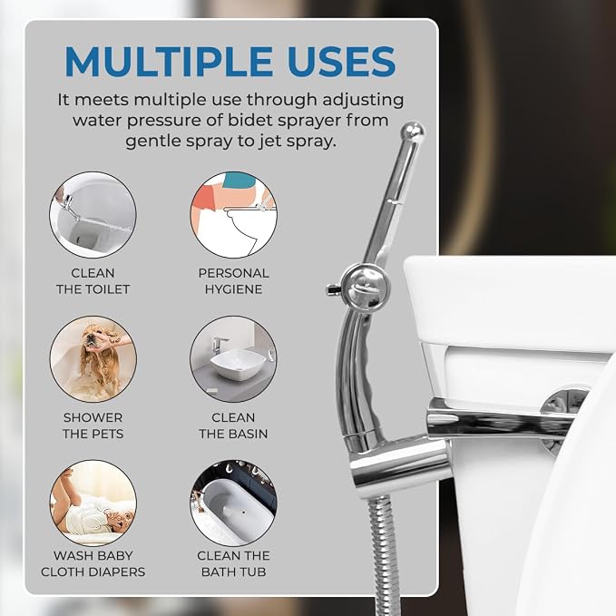 Sparkle Hand Held Bidet. Includes Hybrid T Adapter | Stainless Steel Toilet Hose Sprayer & Precision Knob/w Solid Brass Valve | Toilet Water Sprayer for All Toilets