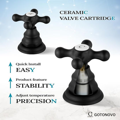 gotonovo Bathroom Faucet 3 Hole 8 Inch Widespread Bathroom Sink Faucet 2 Cross Handles Vintage Lavatory Vanity Mixer Tap with Pop Up Drain, H C Label, Matte Black