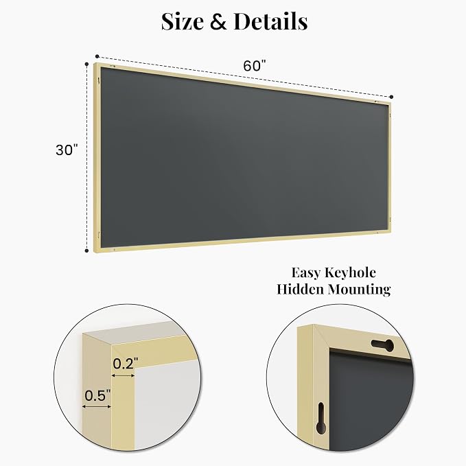 60"x30" Satin Gold Wide Bathroom Wall Mirror for Double Vanity | Wide Double Vanity Mirror, Slim Metal Frame, Long Console or Buffet Use, Vertical/Horizontal Mount, Tempered Glass