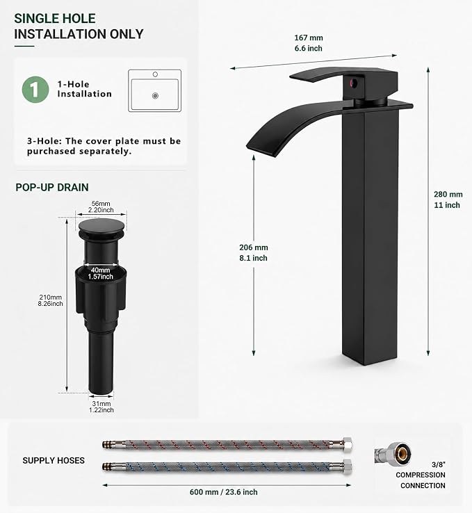 VOTON Vessel Sink Faucet Matte Black Modern Tall Waterfall Bathroom Sink Faucet with Pop-Up Drain Single Handle Bathroom Faucet 1 Hole Bowl Lavatory Vanity Faucet, Rv Sink Camper Farmhouse Faucet