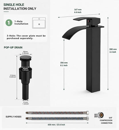 VOTON Vessel Sink Faucet Matte Black Modern Tall Waterfall Bathroom Sink Faucet with Pop-Up Drain Single Handle Bathroom Faucet 1 Hole Bowl Lavatory Vanity Faucet, Rv Sink Camper Farmhouse Faucet