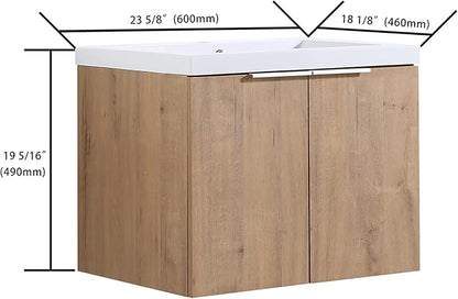 24 Inch Wall Mount Bathroom Vanity W/Sink Combo for Small Space, Modern Design Vanity Cabinet Gel Basin Countertop, Float Mounting Design Cabinet Set with Soft Close Doors (Oak, 23.6''x18.1''x19.3'')