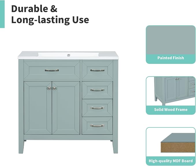 36 Inch Bathroom Vanities with Undermount Ceramic Sink, Storage Cabinet with Soft Closing Doors and Three Drawers, Solid Wood Frame, Green