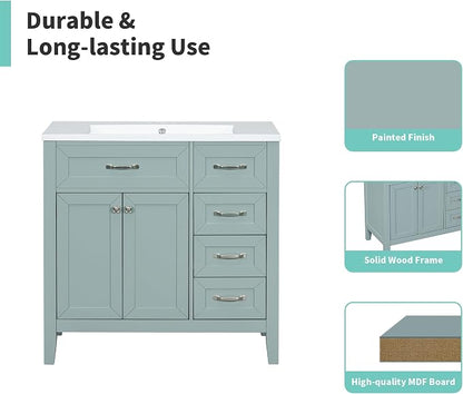 36 Inch Bathroom Vanities with Undermount Ceramic Sink, Storage Cabinet with Soft Closing Doors and Three Drawers, Solid Wood Frame, Green