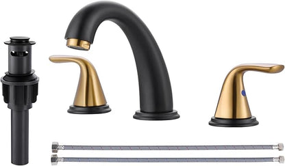 Bathroom Sink Faucet 3 Holes Black Gold, Widespread Bathroom Faucet | Vanity Faucet with Pop Up Drain, 304 Stainless Steel Lead-Free cUPC Supply Hose, Dual Aerator, for RV Restroom Vanity Camper