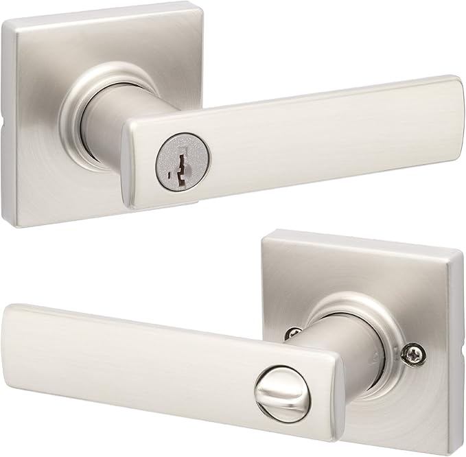 Kwikset Breton Entry Door Handle with Lock and Key, Secure Keyed Reversible Lever Exterior, For Front Entrance and Bedrooms, Satin Nickel , Pick Resistant Smartkey Rekey Security and Microban