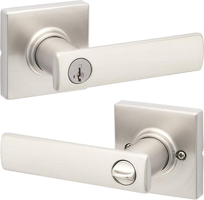 Kwikset Breton Entry Door Handle with Lock and Key, Secure Keyed Reversible Lever Exterior, For Front Entrance and Bedrooms, Satin Nickel , Pick Resistant Smartkey Rekey Security and Microban