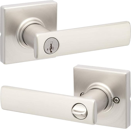 Kwikset Breton Entry Door Handle with Lock and Key, Secure Keyed Reversible Lever Exterior, For Front Entrance and Bedrooms, Satin Nickel , Pick Resistant Smartkey Rekey Security and Microban