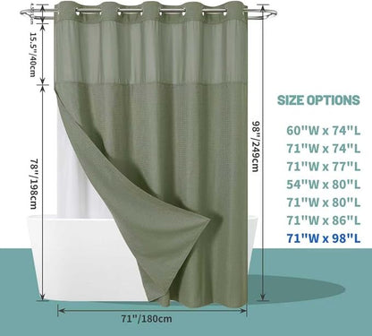 No Hook Extra Long Waffle Shower Curtain with Snap-in Liner,71x98,SageGreen | 230 GSM waffle weave fabric, waterproof liner set with 2 bottom magnets, mesh top window, washable, for bathroom or hotel use