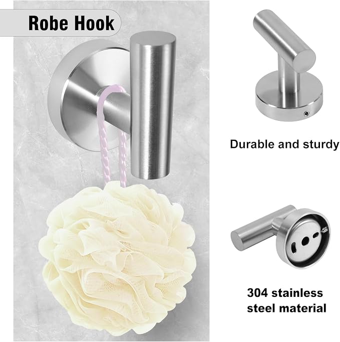 5 Piece Modern Style Wall Mounted Bathroom Hardware Set | #304 Stainless Steel, 24" Towel Bar Mount, Towel Rings, 2 Pillar Toilet Paper Holder, Bathrobe Hook (Chrome)