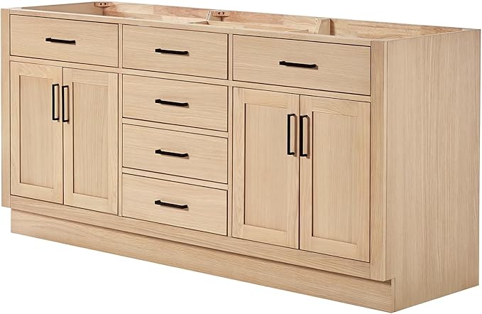 ARIEL Hepburn 72-inch Bathroom Vanity Base Cabinet,Solid Wood, 4 Soft Closing Doors, 6 Dovetail Drawers, White Oak