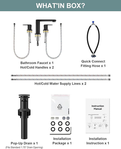 BWE Matte Black Bathroom Faucet 3 Hole - 8 Inch Widespread Bathroom Sink Faucet, Pop-up Drain and Supply Lines, 360° Swivel Spout 2-Handle Black Vanity Faucets for Bath
