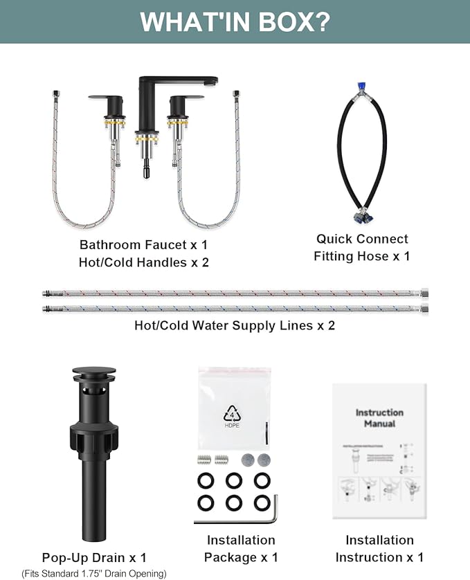 BWE 2 Pack Black Bathroom Faucet 3 Hole, Matte Black Bathroom Faucet 8 Inch Widespread, Pop-up Drain and Supply Lines, 360° Swivel Spout 2-Handle Bathroom Sink Faucets for Bath Vanity