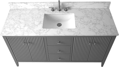 HOMEBEYOND 60" Bathroom Vanity with Single Sink, Solid Wood Bathroom Vanity Free-Standing Cabinet, Ceramic Top & Soft Closing Door, Golden Brushed Handware, Cashmere Gray