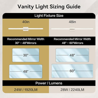 SOLFART Bathroom Lights Over Mirror 40-Inch: Brushed Nickel 5CCT Dimmable Bathroom Vanity Light, Solid Frosted Acrylic, Built-in Dimmer, 360 Degree Rotation, ETL IP44