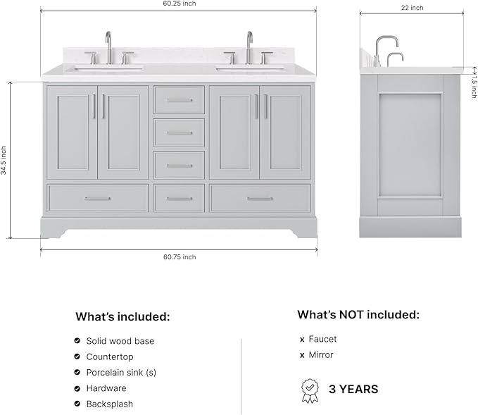 ARIEL Stafford 60-inch Bathroom Vanity with Sink,Solid Wood, 1.5-inch Carrara White Quartz Countertop & Backsplash, Double Rectangular Porcelain Sink, 4 Soft Closing Doors, 6 Dovetail Drawers, Grey