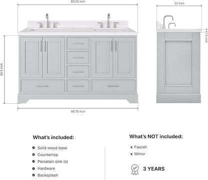 ARIEL Stafford 60-inch Bathroom Vanity with Sink,Solid Wood, 1.5-inch Carrara White Quartz Countertop & Backsplash, Double Rectangular Porcelain Sink, 4 Soft Closing Doors, 6 Dovetail Drawers, Grey