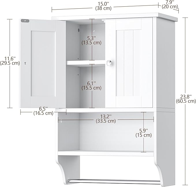 Small Bathroom Wall Cabinet with Towel Bar and Adjustable Shelf, Modern Medicine Cabinet with 2 Lined Doors, Wooden Over the Toilet Storage Cabinet for Kitchen, Living Room, Entryway, White
