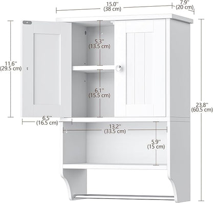 Small Bathroom Wall Cabinet with Towel Bar and Adjustable Shelf, Modern Medicine Cabinet with 2 Lined Doors, Wooden Over the Toilet Storage Cabinet for Kitchen, Living Room, Entryway, White