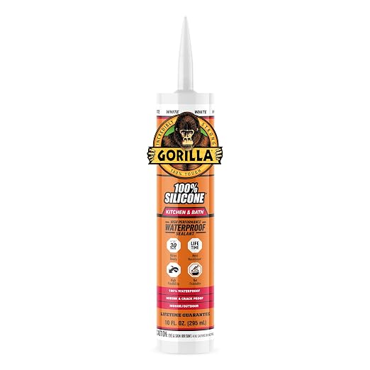 Gorilla 100% Silicone Caulk, Kitchen & Bath Sealant, White, 10 oz Cartridge | Mold & Mildew Resistant, 100% Waterproof Seal, 30-Minute Water-Ready, Flexible and Durable