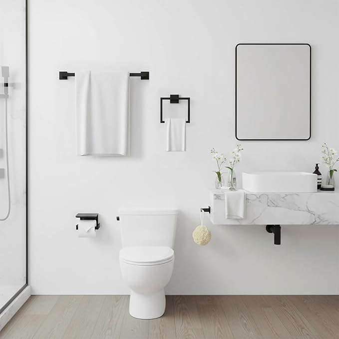 24 Inch Stainless Steel Bathroom Towel Bar Set | 5-Pieces Matte Black Towel Rack Set Bathroom Hardware Set with Toilet Paper Holder with Shelf, Bathroom Accessories Set