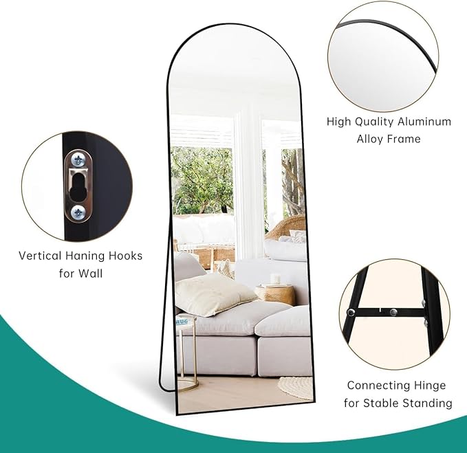 Dewfig Mirror Full Length, 64"X20" Arched Floor Mirror, Black | Aluminum Alloy Frame Full Body Mirror, HD Shatterproof Tempered Glass, Lean/Stand/Wall for Living Room,Bedroom, Dressing Room