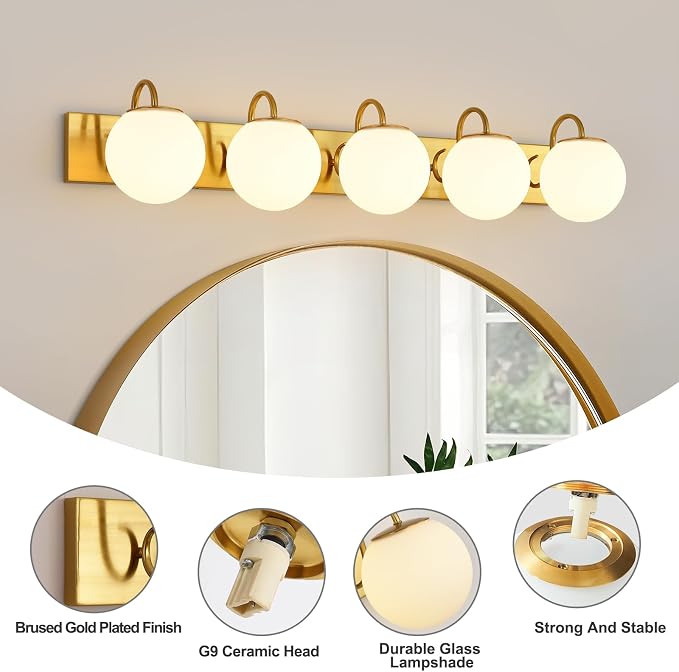 5 Lights Vintage Bathroom Vanity Light Fixtures Over Mirror, Brushed Gold Vanity Lights For Bathroom With Milk White Glass Globe Shade, Wall Lights For Bedroom, Hallway, Dressing Table(G9 Incl.)