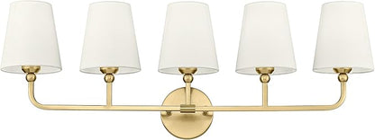 5-Light Bathroom Light Fixtures, Brushed Gold Vanity Lights with Flared Beige Fabric Shade, 35 Inch Wall Sconce, Vintage Sconces Wall Lighting for Hallway Bedroom, VL837-BG-B-5