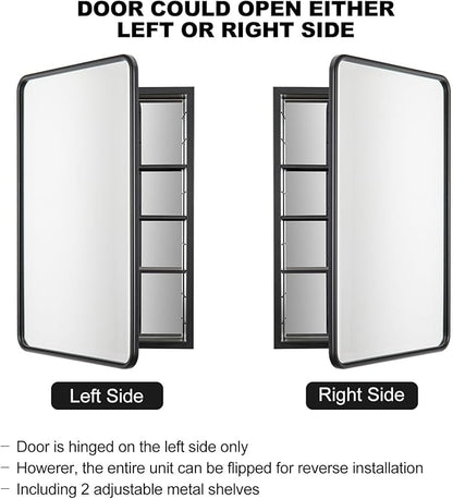 Black Bathroom Medicine Cabinet with Mirror 21 x 34 Metal Frame Recessed Or Wall Mounted Single Door Storage Medicine Cabinets with Adjustable Shelves Rounded Corner Beveled Mirrors