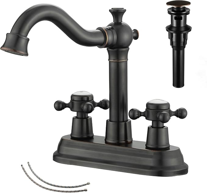 Bathroom Faucet Oil Rubbed Bronze 2 Handles 4 Inches Centerset Bathroom Vanity with Drain Assembly and Supply Hose Lavatory Faucet