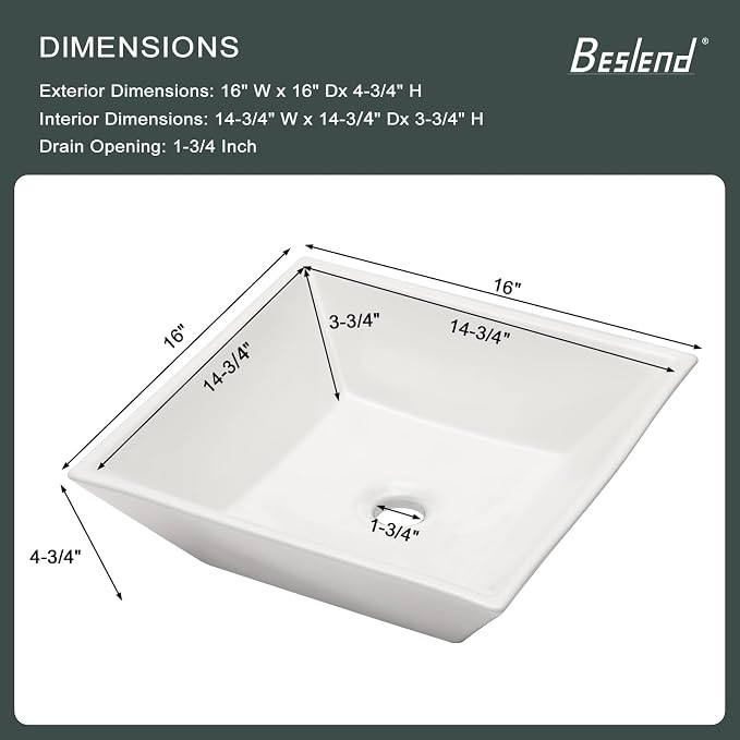 Square Bathroom Vessel Sink | Beslend 16"x16" Inch White Ceramic Porcelain Sink Above Counter Art Sink Basin