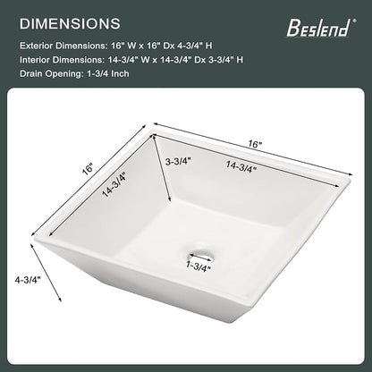Square Bathroom Vessel Sink | Beslend 16"x16" Inch White Ceramic Porcelain Sink Above Counter Art Sink Basin