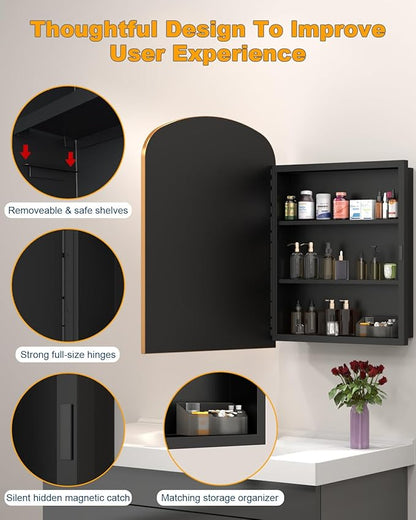 Bathroom Medicine Cabinet with Mirror, Wall Mount or Recessed Bathroom Mirror with Storage, Full-Metal 2 Adjustable Shelves and 1 Cabinet Organizer, Modern and Luxury Daisy Decor Bling Gold 20x28 Inch