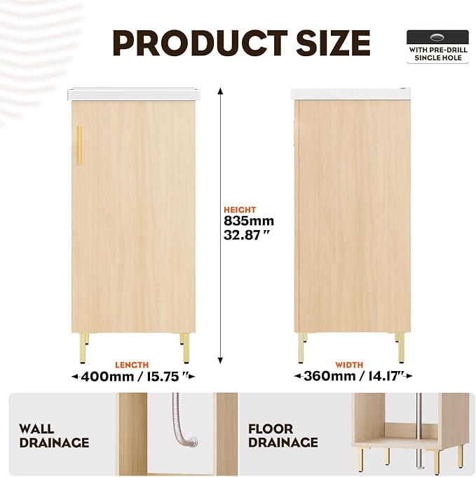 Pre-Assembled 16 Inch Small Bathroom Vanity, Freestanding Oak Bathroom Cabinet with Ceramic Sink, Soft-Close Door, No Faucet,BV05-16-OAK-JH