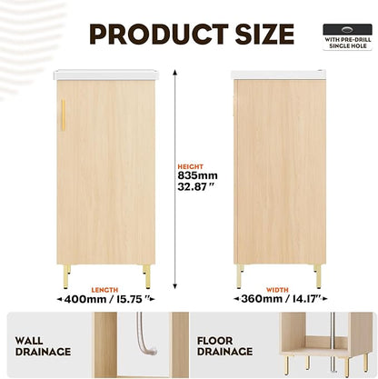 Pre-Assembled 16 Inch Small Bathroom Vanity, Freestanding Oak Bathroom Cabinet with Ceramic Sink, Soft-Close Door, No Faucet,BV05-16-OAK-JH