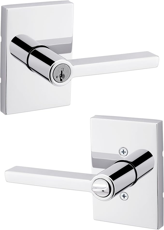 Kwikset Halifax Entry Door Handle with Lock and Key, Secure Keyed Reversible Lever Exterior, for Front Entrance and Bedrooms, Polished Chrome, Pick Resistant Smartkey Rekey Security
