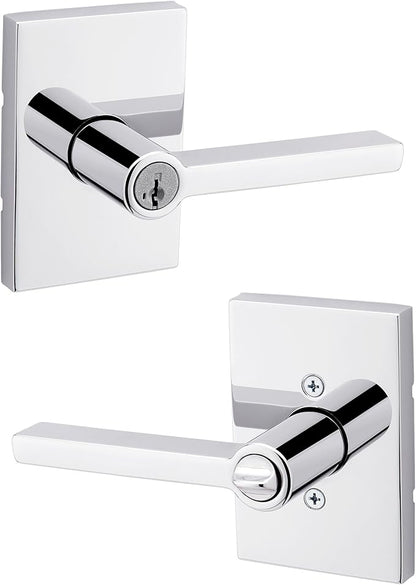 Kwikset Halifax Entry Door Handle with Lock and Key, Secure Keyed Reversible Lever Exterior, for Front Entrance and Bedrooms, Polished Chrome, Pick Resistant Smartkey Rekey Security