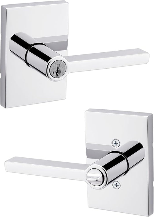 Kwikset Halifax Entry Door Handle with Lock and Key, Secure Keyed Reversible Lever Exterior, for Front Entrance and Bedrooms, Polished Chrome, Pick Resistant Smartkey Rekey Security