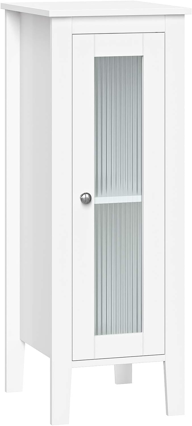RiverRidge Prescott Slim Bathroom Linen Storage Cabinet, White | Versatile Narrow Organizer with Reeded Glass Door, Adjustable Shelves, Soft-Close Hinges