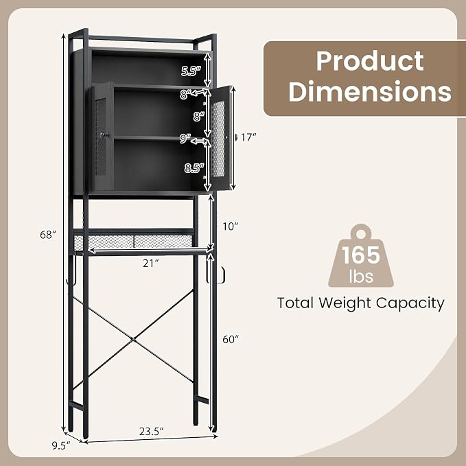 BECOMFORT 5-Tier Over the Toilet Storage Cabinet, Above Toilet Bathroom Shelf with Metal Stand, Mesh Grid Doors, Toilet Paper Holder & Hook, Freestanding Space Saver (Black)
