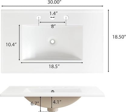 30 Inch Walnut Mid-Century Bathroom Vanity with Ceramic Basin Sink, Space Saving Bathroom Storage Cabinet with Sink & Dual Hidden Drawers & Open Bottom Shelf, Fluted Door Panel (Walnut Style2, 30")