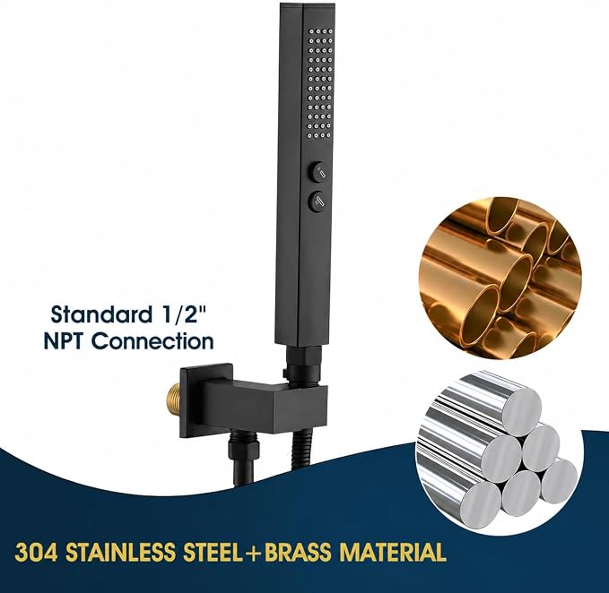 All-Metal High Pressure Square Handheld Shower Head with Jet Spray and Rainfall Modes, Volume Control Regulator, ON/OFF Switch, Hose and Wall Mounted Adjustable Bracket (Matt Black)
